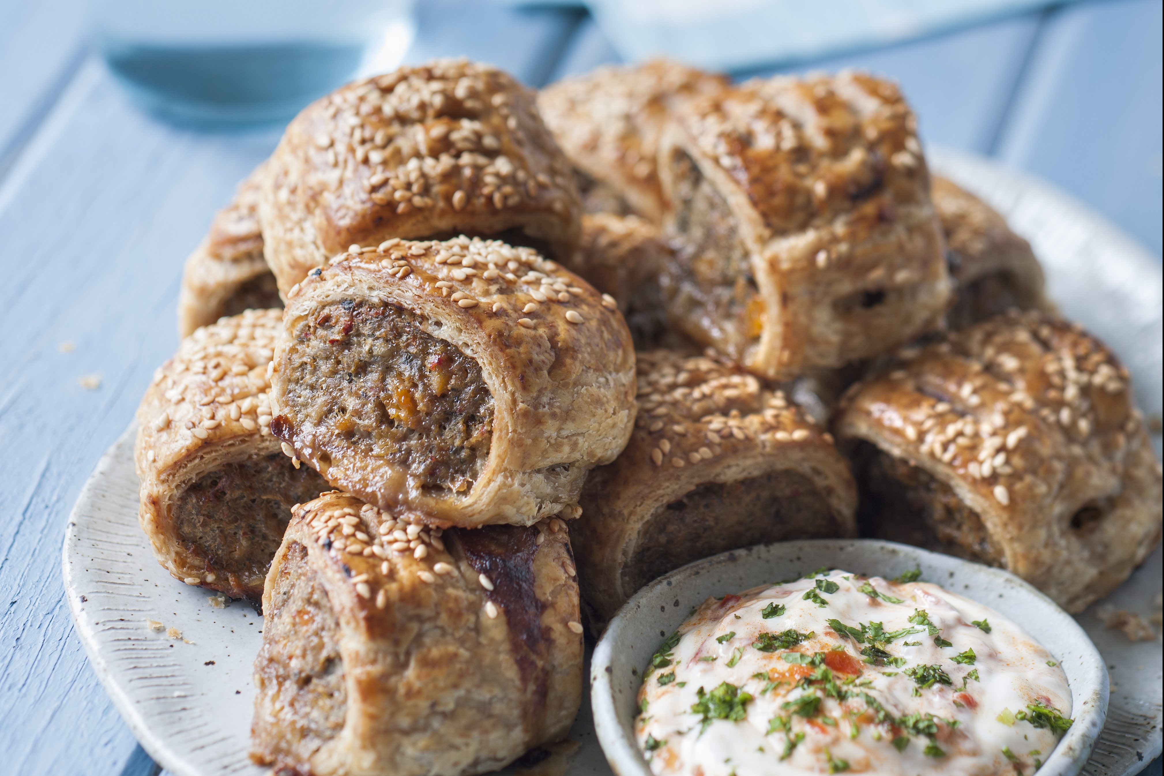 Lamb, Apricot & Mint Sausage Rolls With Harissa Yoghurt Sauce - SALIFE