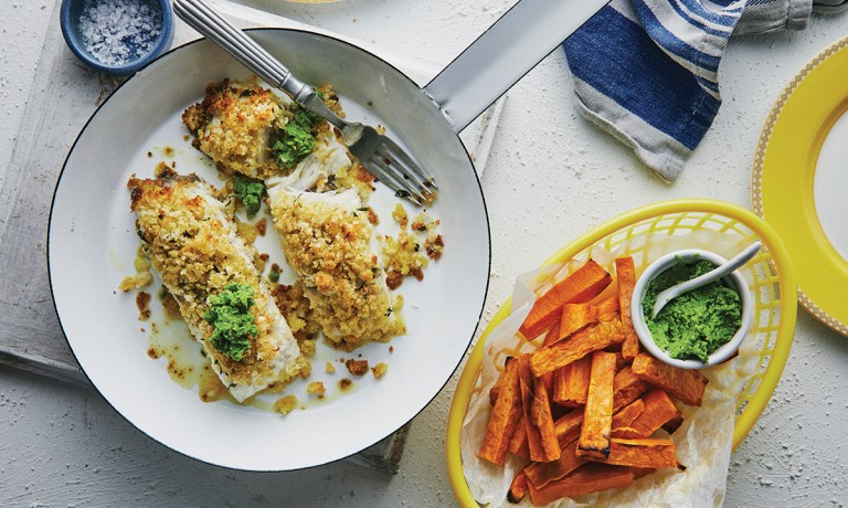 Recipe: Crusted baked barramundi with sweet potato chips and pea pesto ...