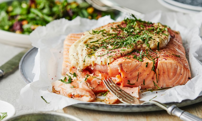 Recipe: Slow baked salmon with almond tarator, lentil and asparagus ...